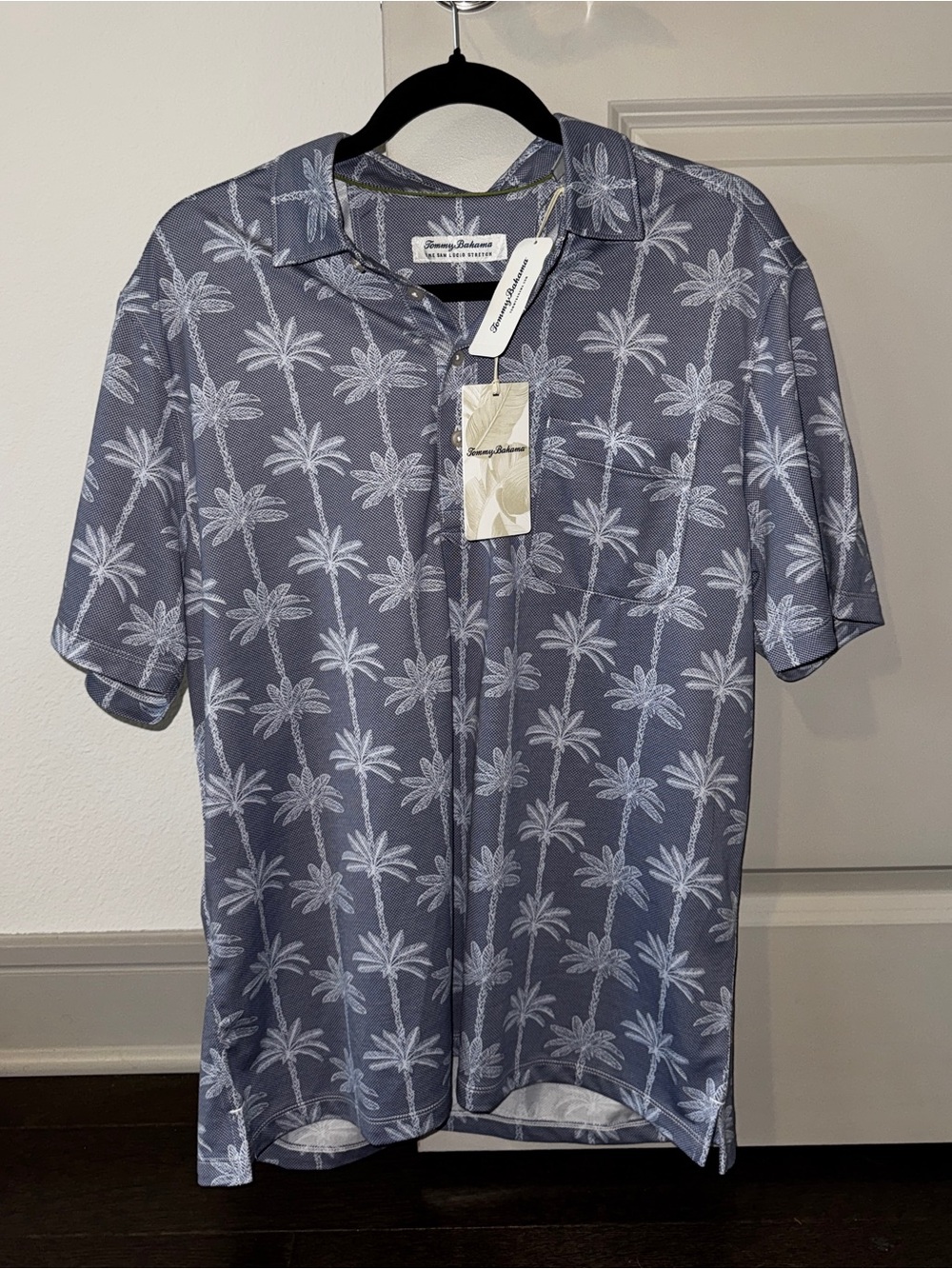 Tommy Bahama Gray-Blue Palm-Print Short Sleeve Polo Size M